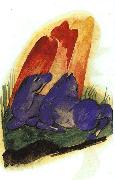 Two Blue Horses in front of a Red Rock